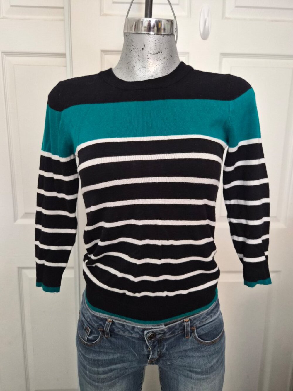Black, Teal, and White Striped 3/4 Sleeve Sweater